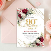 Classic Burgundy White Gold Roses 90th Birthday  招待状