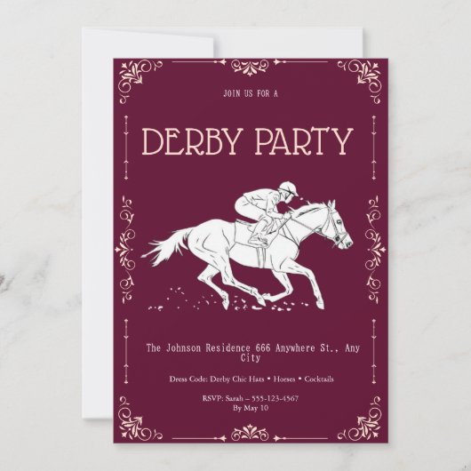 Classic Burgundy & White Kentucky Derby Party Invi 招待状 (正面)