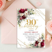 Classic Burgundy White Roses 90th Birthday Invite 招待状