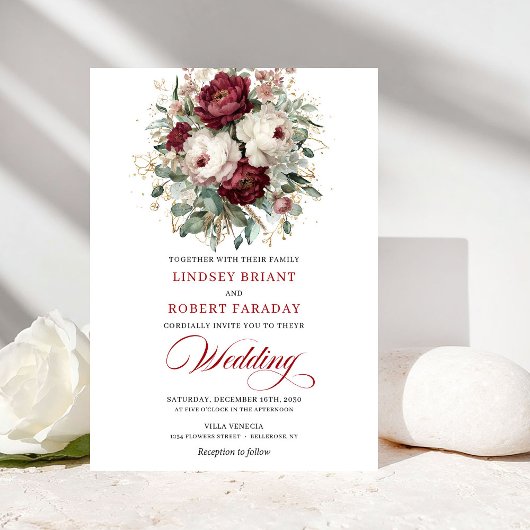 Classic Burgundy White Watercolor Wedding Invite 招待状