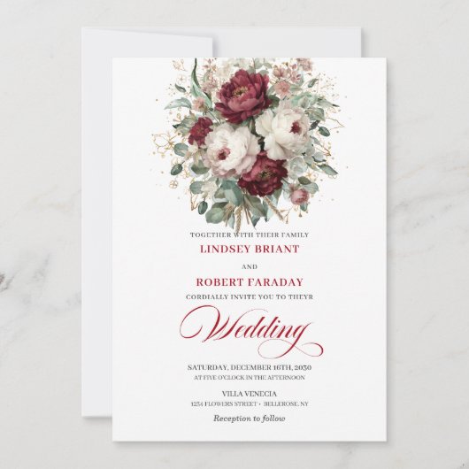 Classic Burgundy White Watercolor Wedding Invite 招待状 (正面)