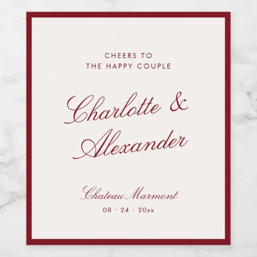 Classic Calligraphy Old Money Deep Red Wedding ワインラベル (シングルラベル)