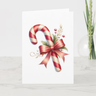 Classic Candy Cane with Red Satin Bow and Greenery カード