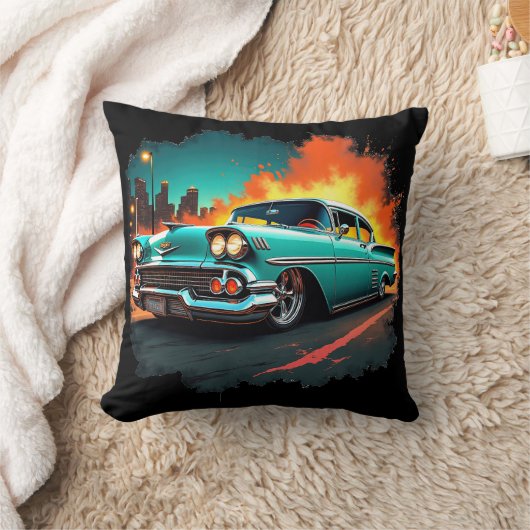 Classic Car Cushion with Neon Night Street Scene クッション (ブランケット)