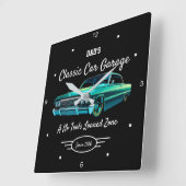 Classic Car Garage Dad's Green Car Name Black   スクエア壁時計 (傾斜)