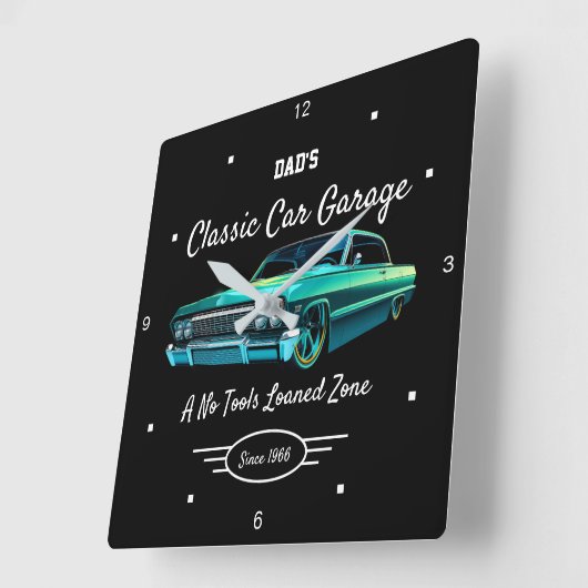 Classic Car Garage Dad's Green Car Name Black   スクエア壁時計 (傾斜)