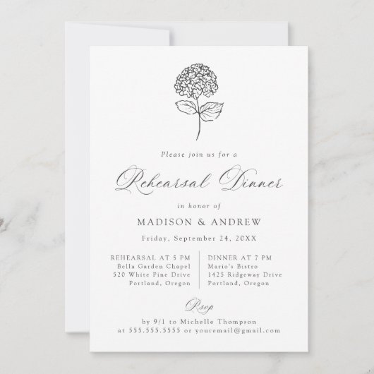 Classic Charcoal Hydrangea Rehearsal Dinner 招待状 (正面)