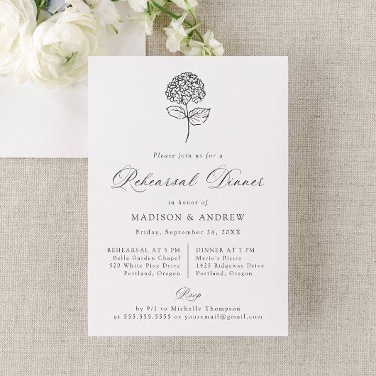Classic Charcoal Hydrangea Rehearsal Dinner 招待状