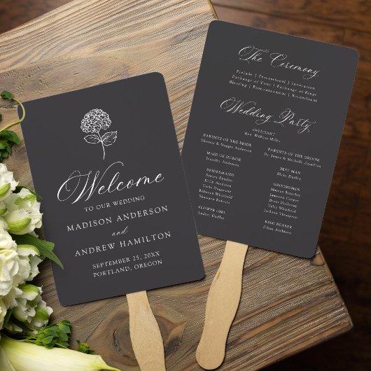 Classic Charcoal Hydrangea Wedding Program ハンドファン