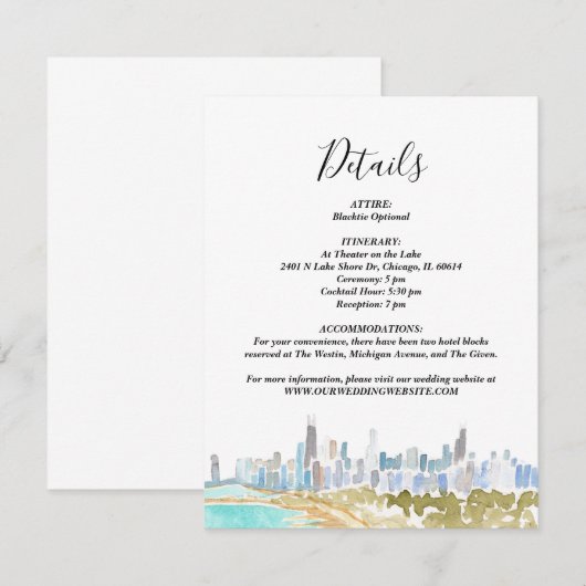 Classic Chicago Skyline Watercolor Details Card 招待状 (正面/裏面)