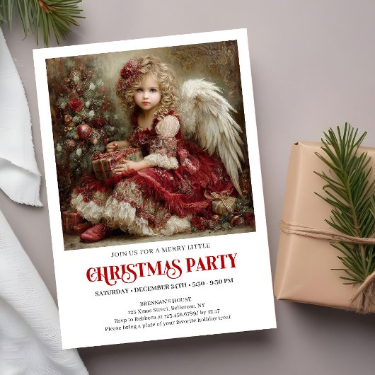 Classic Christmas Angel Invitation Red Green Gold 招待状