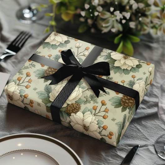 Classic Christmas Cream and Sage Green Floral Gift ラッピングペーパーシート