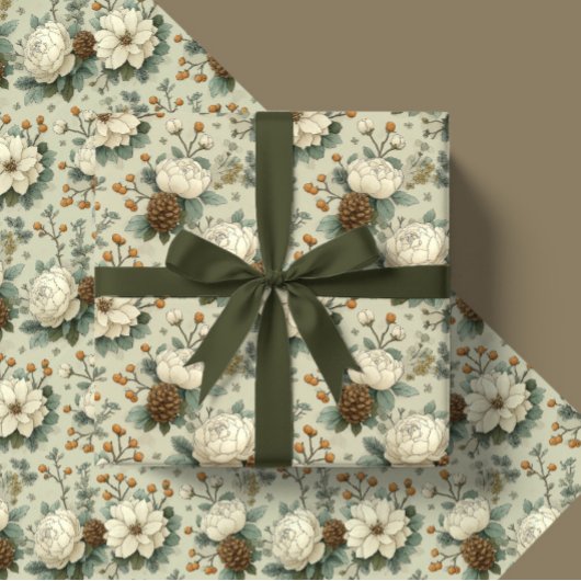 Classic Christmas Cream and Sage Green Floral Gift ラッピングペーパー