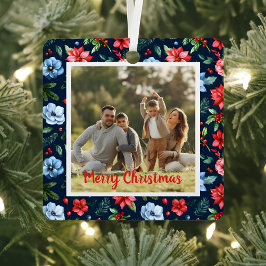 Classic Christmas Floral Frame Photo  メタルオーナメント