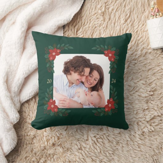 Classic Christmas Floral Frame Throw Pillow クッション (ブランケット)