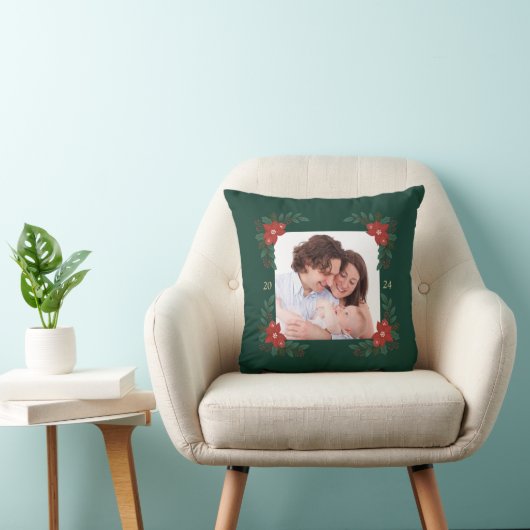 Classic Christmas Floral Frame Throw Pillow クッション (椅子)