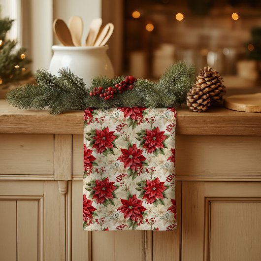 Classic Christmas Flowers Towel Cozy Rustic Decor キッチンタオル