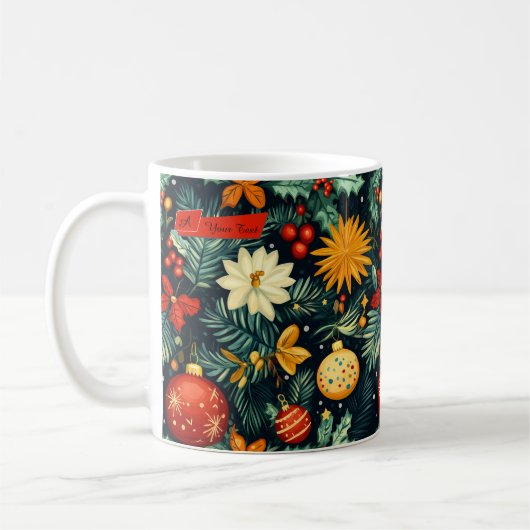 Classic Christmas foliage with red ornaments コーヒーマグカップ (左)