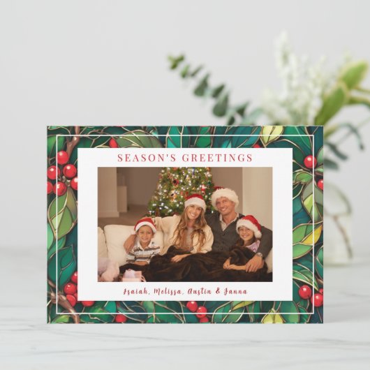 Classic Christmas Holly Flat Holiday Card シーズンカード (スタンド正面)