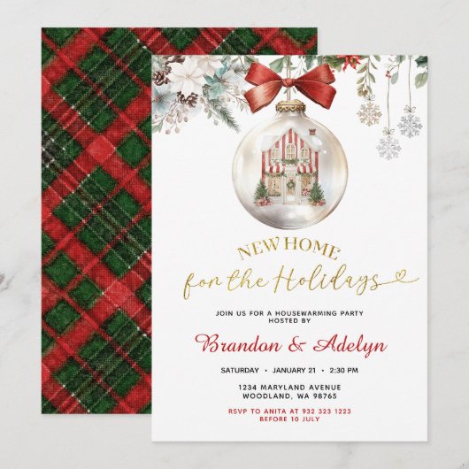 Classic Christmas House Winter Floral Housewarming 招待状 (正面/裏面)