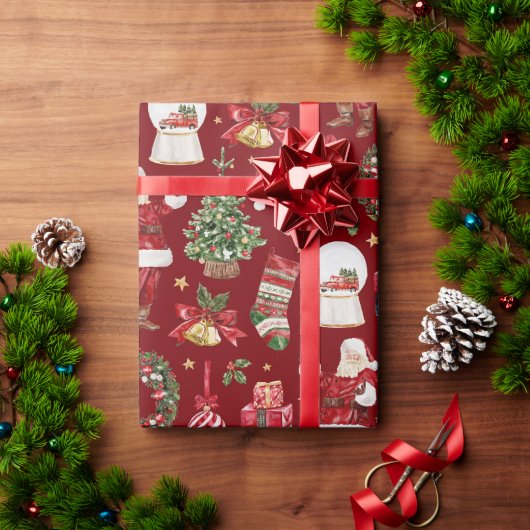 Classic Christmas Motifs Santa Claus Bells Holiday ラッピングペーパー (クリスマスギフト)