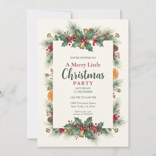 Classic Christmas Party Invitation Holly Frame 招待状 (正面)