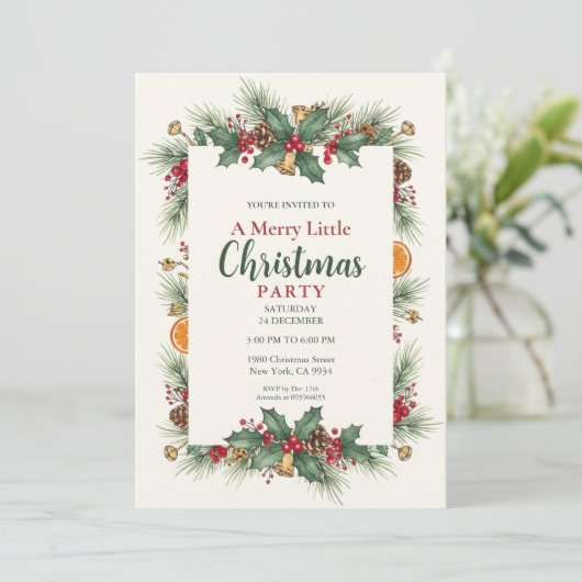 Classic Christmas Party Invitation Holly Frame 招待状 (スタンド正面)