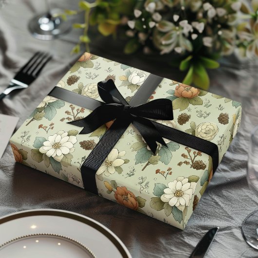 Classic Christmas Peach and Sage Green Floral Gift ラッピングペーパーシート