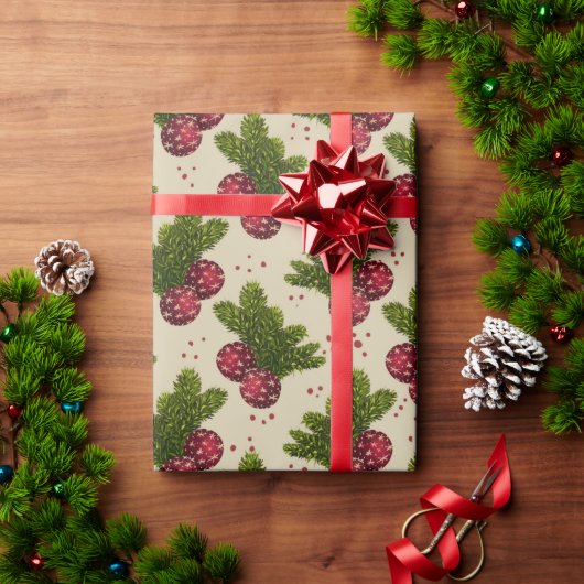 Classic Christmas Pine Branches & Red Ornaments  ラッピングペーパー (クリスマスギフト)