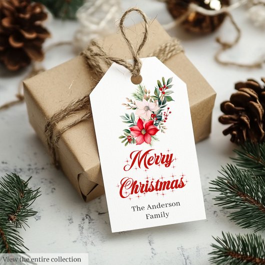 Classic Christmas Poinsettia Botanical Gift Tag ギフトタグ