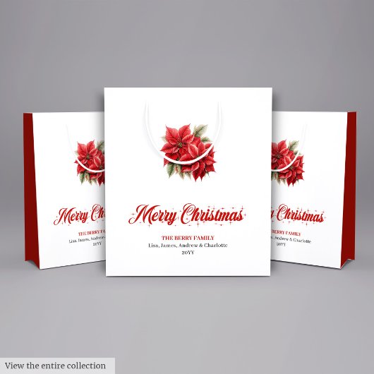 Classic Christmas Poinsettia Botanical Holiday Bag ミディアムペーパーバッグ