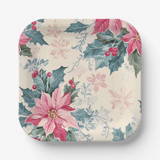 Classic Christmas Poinsettia Flowers Paper Plate ペーパープレート (正面)