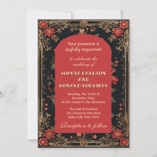 Classic Christmas Red Chinoiserie Floral Wedding 招待状 (正面)