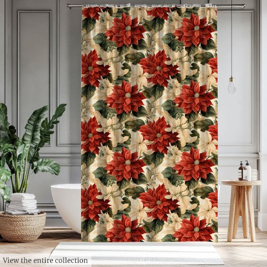 Classic Christmas Red Poinsettias Watercolor Style シャワーカーテン