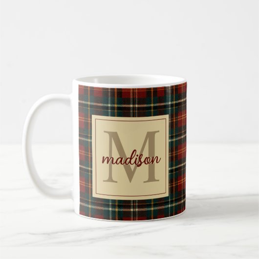 Classic Christmas Red Tartan Plaid Monogram Name コーヒーマグカップ (左)