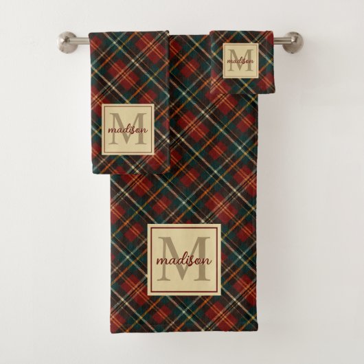 Classic Christmas Red Tartan Plaid Monogram Name バスタオルセット (インサイチュ)