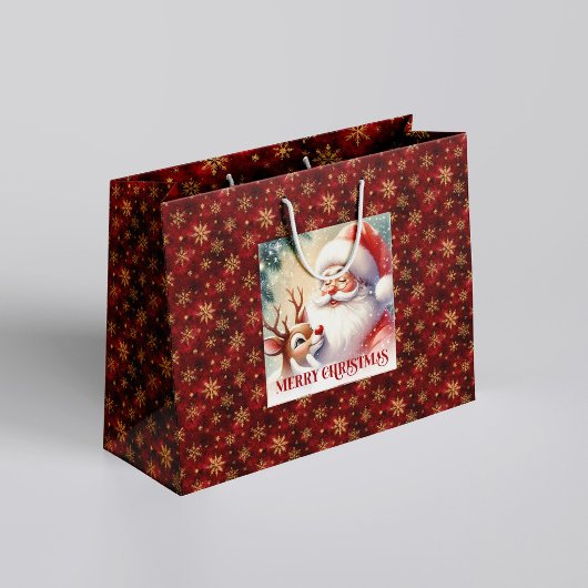 Classic Christmas Santa Claus Rudolph Gift Bag ラージペーパーバッグ