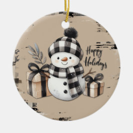 Classic Christmas snowman on a warm plaid ornament セラミックオーナメント