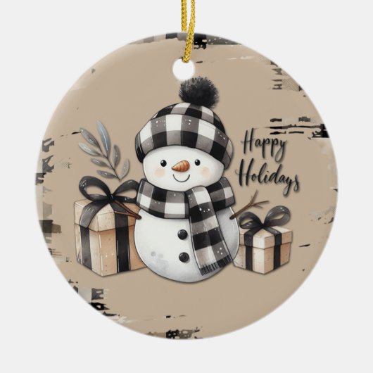 Classic Christmas snowman on a warm plaid ornament セラミックオーナメント (正面)