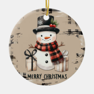 Classic Christmas snowman on a warm plaid ornament セラミックオーナメント