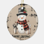 Classic Christmas snowman on a warm plaid ornament セラミックオーナメント (左)