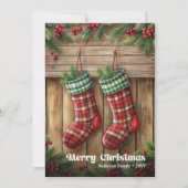 Classic Christmas stocking rustic holly berries シーズンカード (正面)