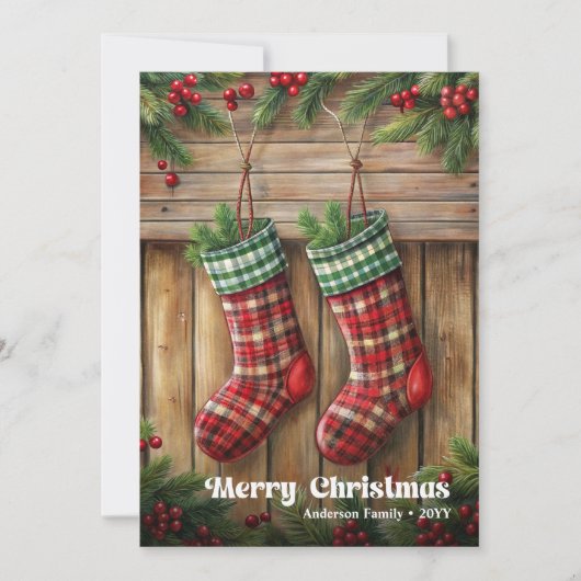 Classic Christmas stocking rustic holly berries シーズンカード (正面)