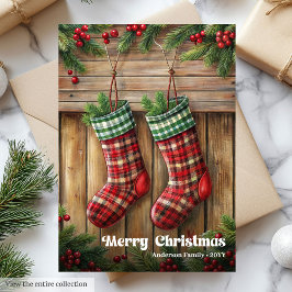 Classic Christmas stocking rustic holly berries シーズンカード