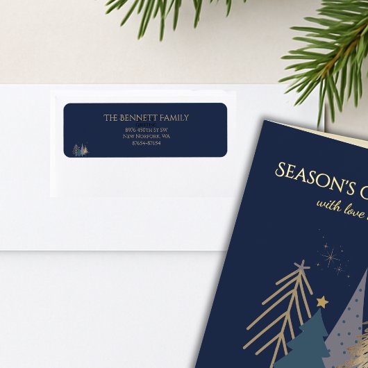 Classic Christmas Tree Seasons Greetings Gold Foil ラベル