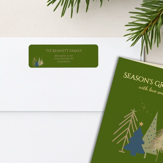 Classic Christmas Tree Seasons Greetings Gold Foil ラベル
