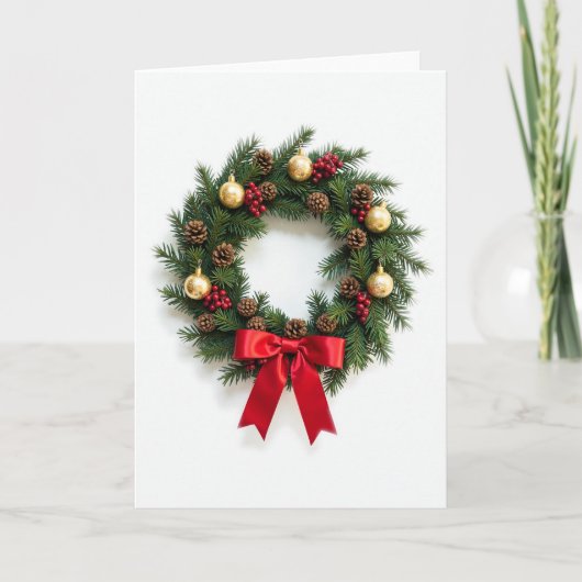 Classic Christmas Wreath Card Red Bow and Gold カード (正面)