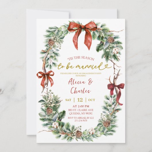 Classic Christmas Wreath Engagement Party 招待状 (正面)