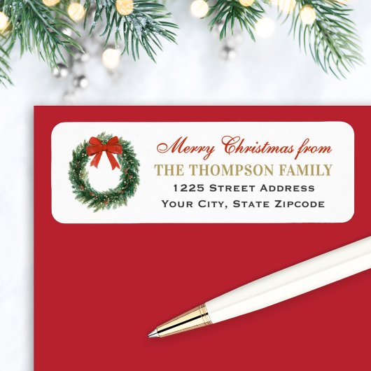 Classic Christmas Wreath Family Return Address ラベル