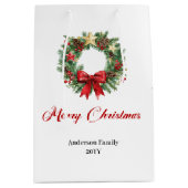 Classic Christmas wreath gift bag custom lettering ミディアムペーパーバッグ (正面)